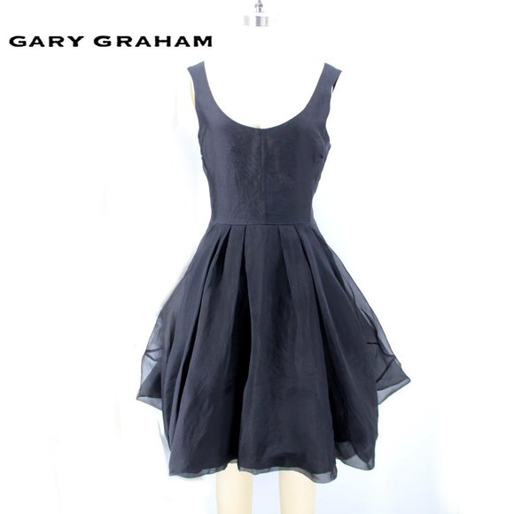 Gary Graham Black Dress Silk Organdy Fit & Flare Knee Length Cocktail Skirt 6/M - Picture 2 of 15
